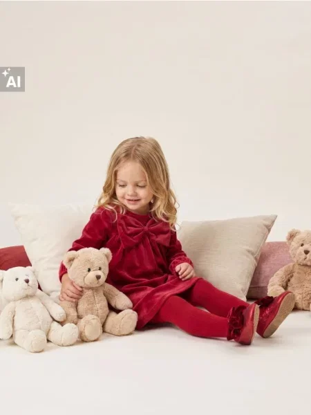 Sinsay Velurové babydoll šaty s ozdobnou mašlí červená