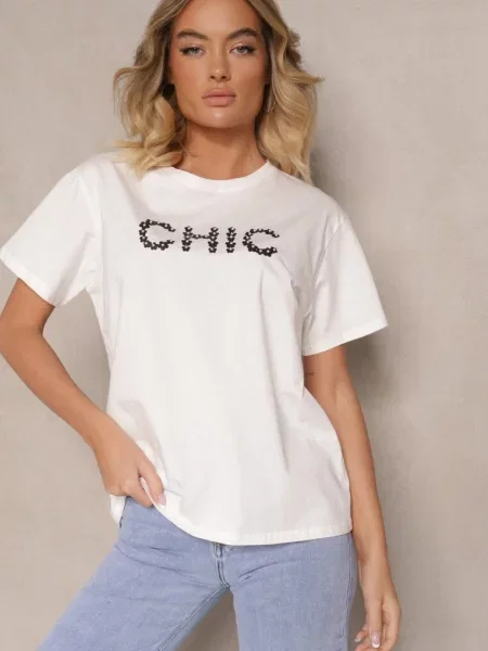 T-shirt z Bawełny Ozdobiony Perełkami i Napisem Naloreth biały