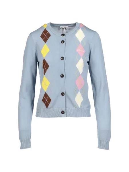 Cardigan Ganni cu model argyle albastru