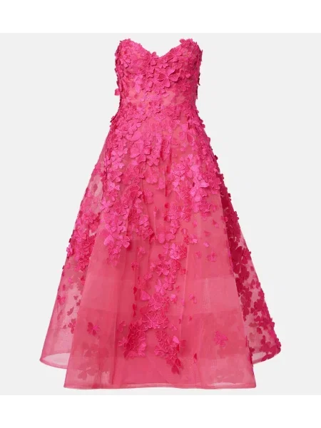 Sukienka midi Monique Lhuillier w kwiatki tiulowa do kolan różowa