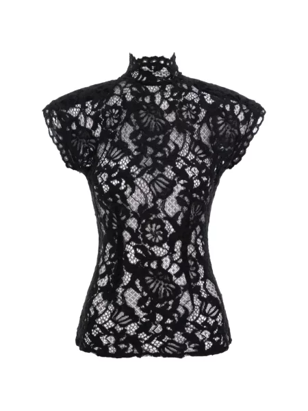 Top Manuri cu model floral din dantelă negru