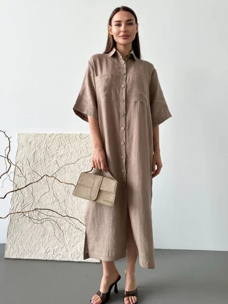 Льняное платье-рубашка бежева