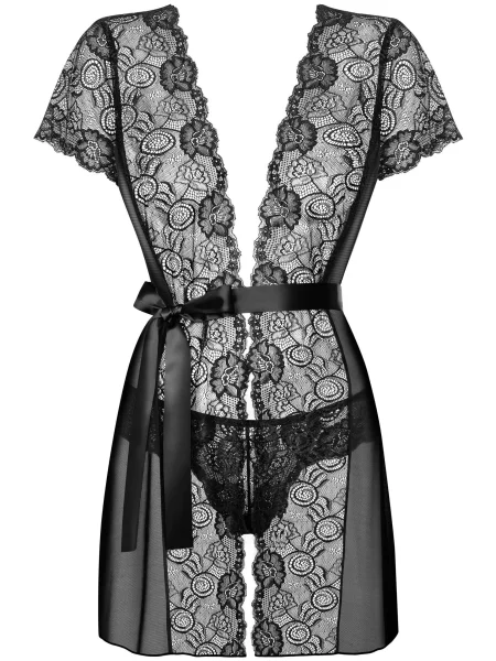 Прозрачный пеньюар с трусиками стринг Комплект_Obsessive_Alluria_robe чорна