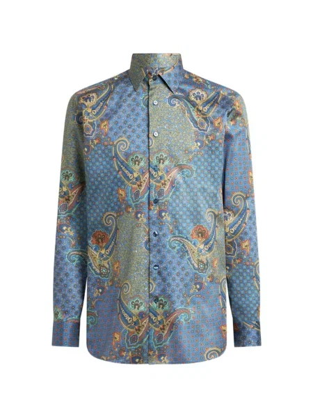 Cămașă Etro din satin cu model paisley cu legături albastru