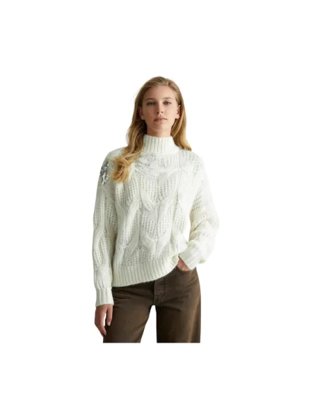 Sweter z golfem Liu Jo z cekinami do golfa biały
