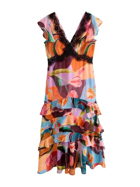 Next Rochie verde iarbă / portocaliu deschis / roz negru