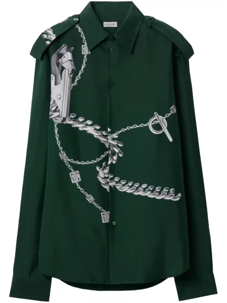 Копринена риза Burberry с принт зелено