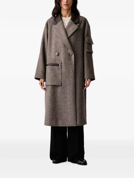 Palton Armani Exchange cu model herringbone cu două rânduri de nasturi maro