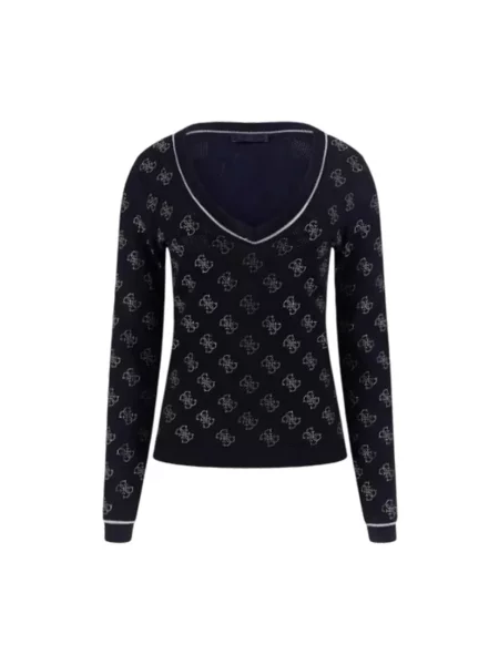 Lekki sweter Guess z dekoltem w serek z dżerseju niebieski