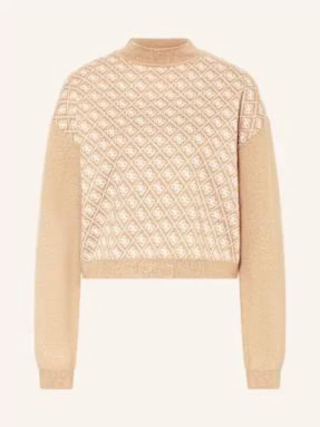 Sweter krótki z dzianiny z okrągłym dekoltem Guess beżowy