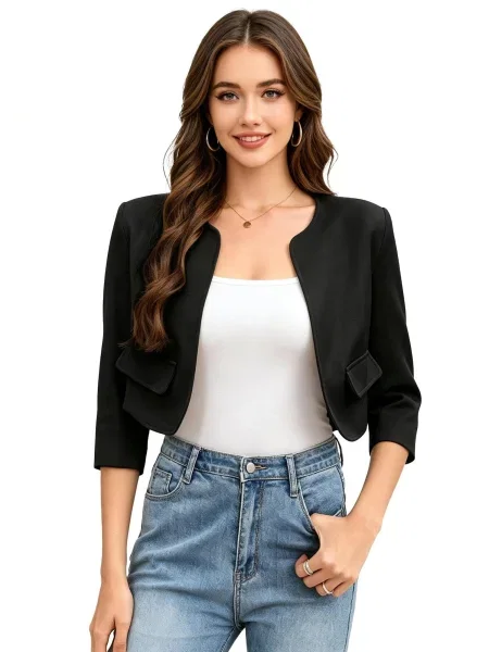 KoJooin Blejzr Damen Kurzblazer mit Rundhalsausschnitt | leichte Strickjacke im gepflegten Basic-Stil' černá