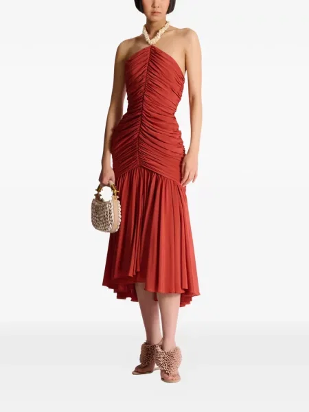 Rochie midi Balmain cu volane cu gât halter roșu