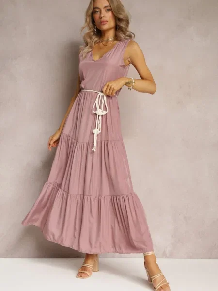 Rochie maxi cu croi evazat cu șnur decorativ și decolteu triunghiular Zornitsa roz