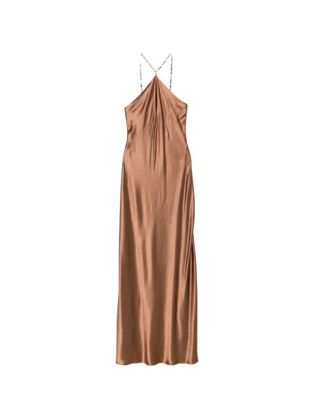Rochie maxi Staud din satin cu mărgele cu bretele maro