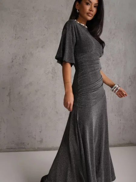 Rochie de seară cu sclipici și fronseu în talie Suniga Argintie