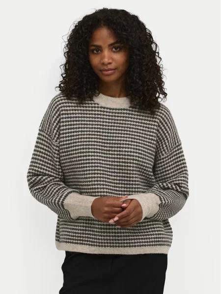 Sweter z dzianiny z prążkowanymi wykończeniami model ‘ellery’ Kaffe beżowy