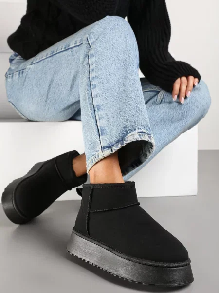 Ghete de zăpadă Slip-on Casual din Imitație de Velur cu Talpă Groasă Tinaretia negre