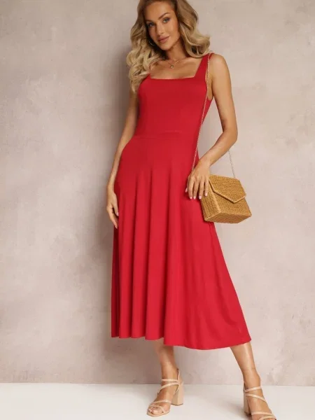 Rochie midi cloș cu bretele late și decolteu rotund Oversoul roșie