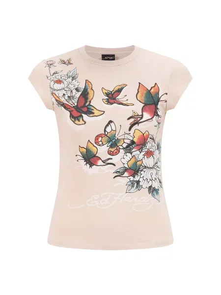 Ed Hardy Tricou Schmetterling Blumen nisipiu / mai multe culori