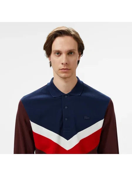Lacoste Classic Fit Bordowa Koszulka Polo Z Długim Rękawem I Blokami Kolorów