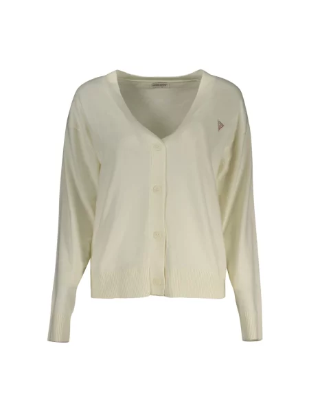 Sweter Guess JEANS Silk and Wool-Blend Mini Triangle Cardigan Warm White S białe