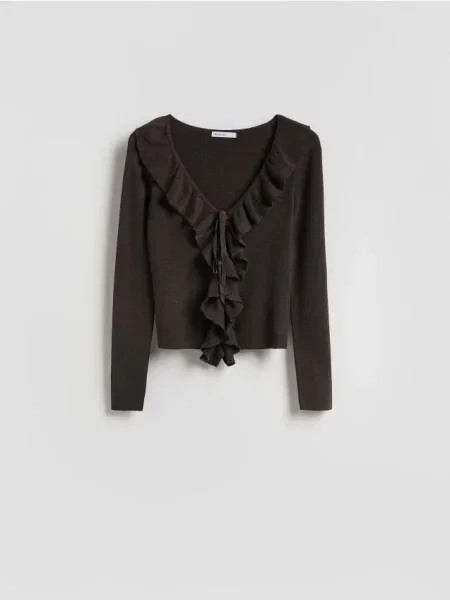 Reserved Pulover cu volan maro-închis maro