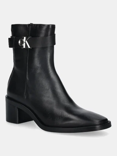 Calvin Klein cizme de piele BLOCK HEEL BOOT W/ METAL LOGO negru