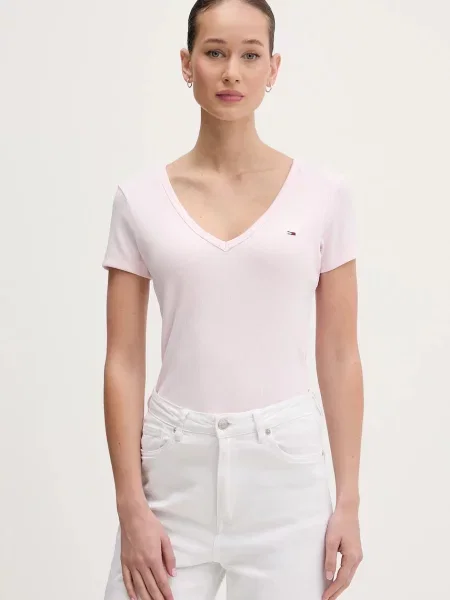 Tommy Jeans kratka majica z elastanom roza