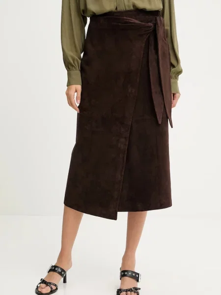 Never Fully Dressed fustă din piele întoarsă midi drept maro