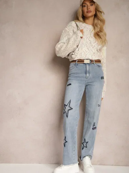 Jasnoniebieskie Szerokie Jeansy z Regukarną Talią i Ozdobnymi Haftami w Arialah niebieskie