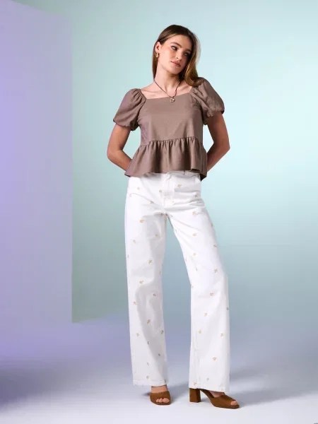 Джинси wide leg з вишивкою білий