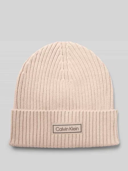Czapka z dzianiny z dodatkiem kaszmiru i naszywką z logo Calvin Klein beżowa