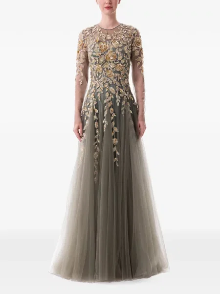 Rochie maxi Dina Melwani din șifon cu model floral verde