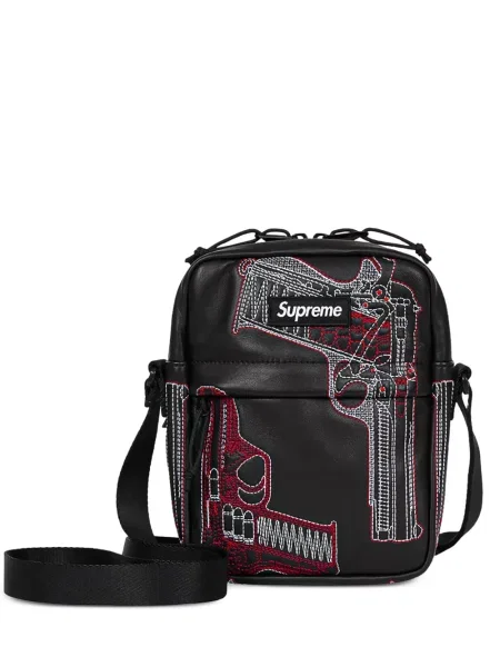 Δερμάτινη τσάντα χιαστί Supreme με κέντημα μαύρο