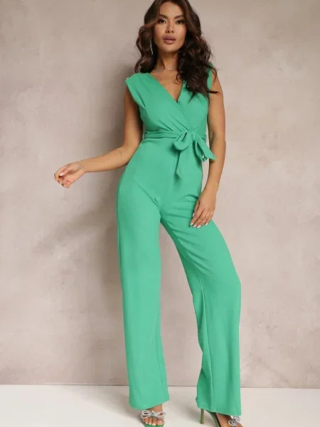 Salopetă lungă cu talie legată și pe umeri Amile verde