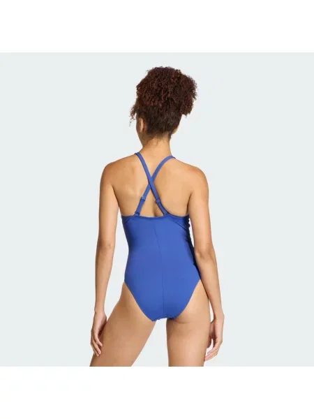 Strój kąpielowy Adidas w paski z wysokim kołnierzem na ramiączkach niebieski