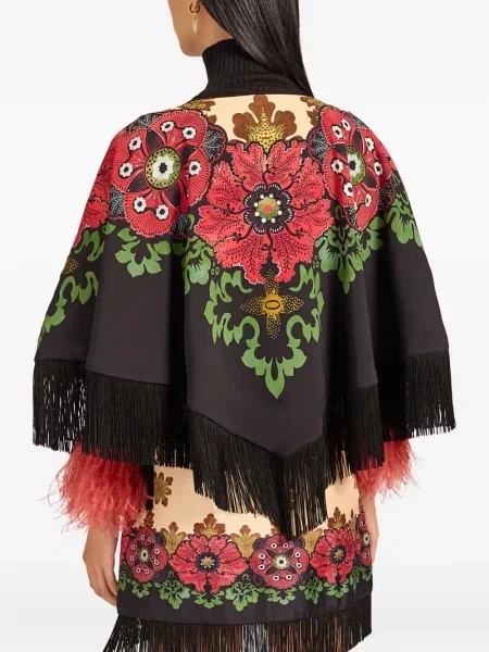 Poncho La Doublej cu franjuri cu model floral maro