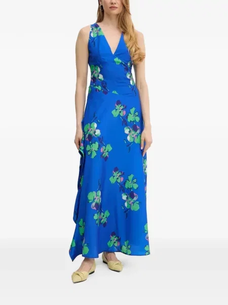 Rochie maxi Morgan cu model floral cu decolteu în V de costum albastru