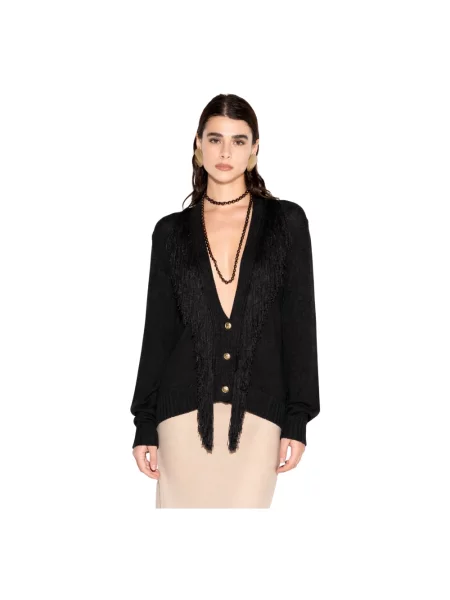 Kardigan Akep z frędzli z dekoltem w serek czarny