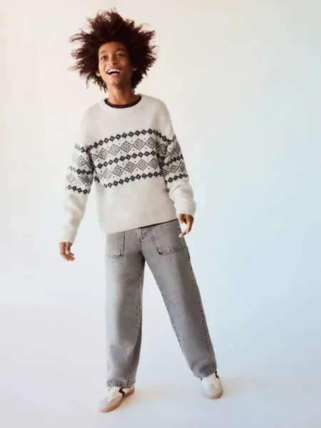Sweter z dzianiny ze wzorem Dzieci lata MANGO KIDS beżowy