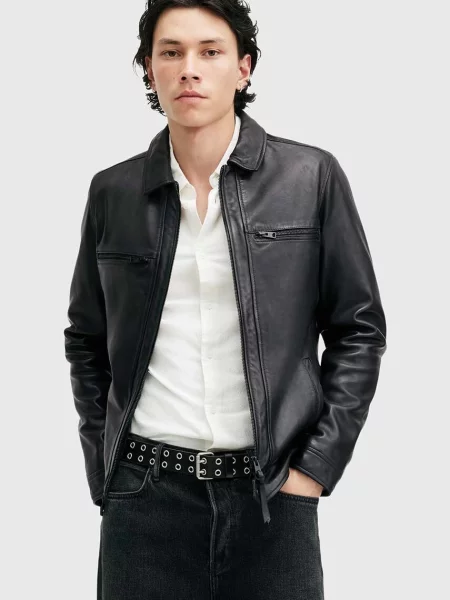 AllSaints geaca de piele LUCK JACKET barbati de tranzitie negru