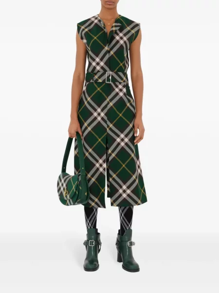 Rochie midi Burberry de lână în carouri până la genunchi verde