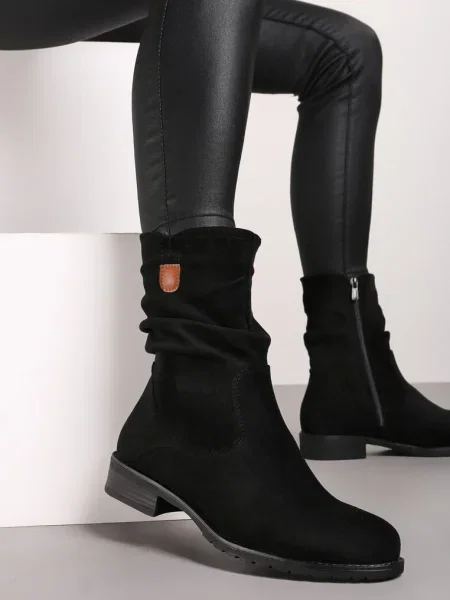 Botine din Imitatie de Camoscio cu Carâmb Mid-Calf și Pliu Alemipahe negre