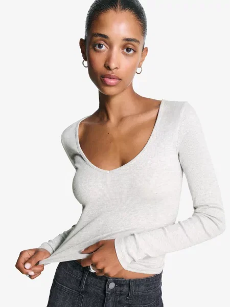 Bershka Koszulka Z Długim Rękawem I Dekoltem W Serek Kobieta Xs szary