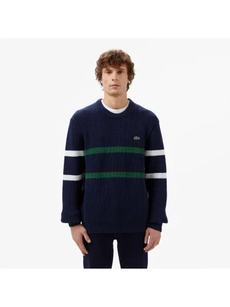 Lacoste Sweter W Paski W Kolorze Granatowym Luźny Krój Z Okrągłym Dekoltem granatowy
