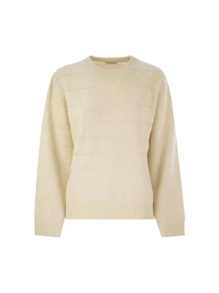 Dzianinowy sweter Brunello Cucinelli z cekinami w paski beżowy