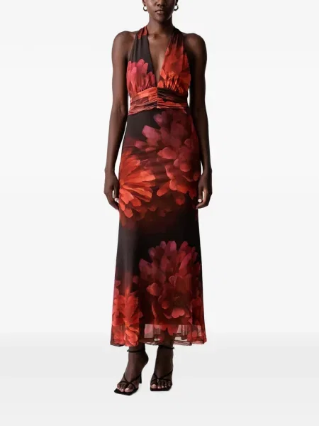 Rochie maxi Bardot cu model floral cu imagine cu gât halter roșu