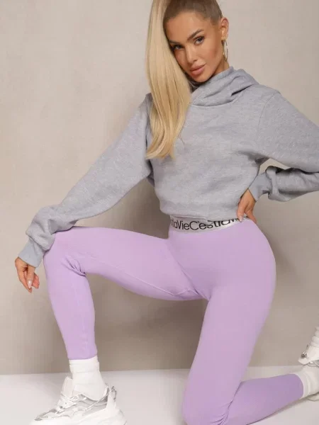 Jasnofioletowe Sportowe Legginsy Elastyczne z Ozdobną Szeroką Gumą w Pasie Larnode fioletowe