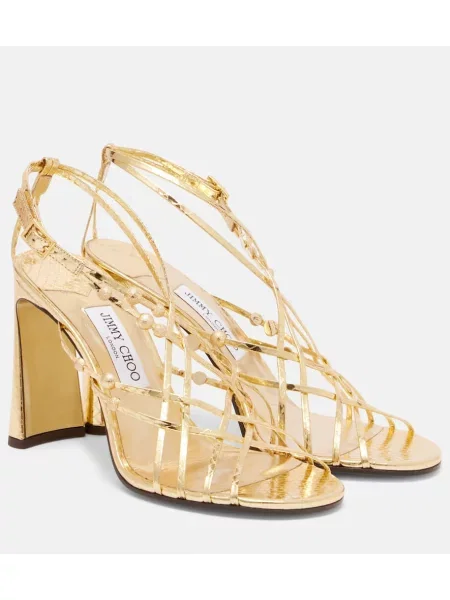 Kožené sandály Jimmy Choo s korálky zlaté