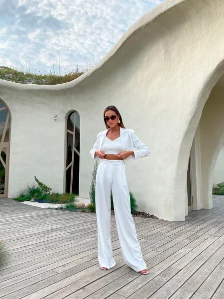 Повсякденний костюм Milirud кроп-жакет + брюки палаццо бавовна/поліестер білий